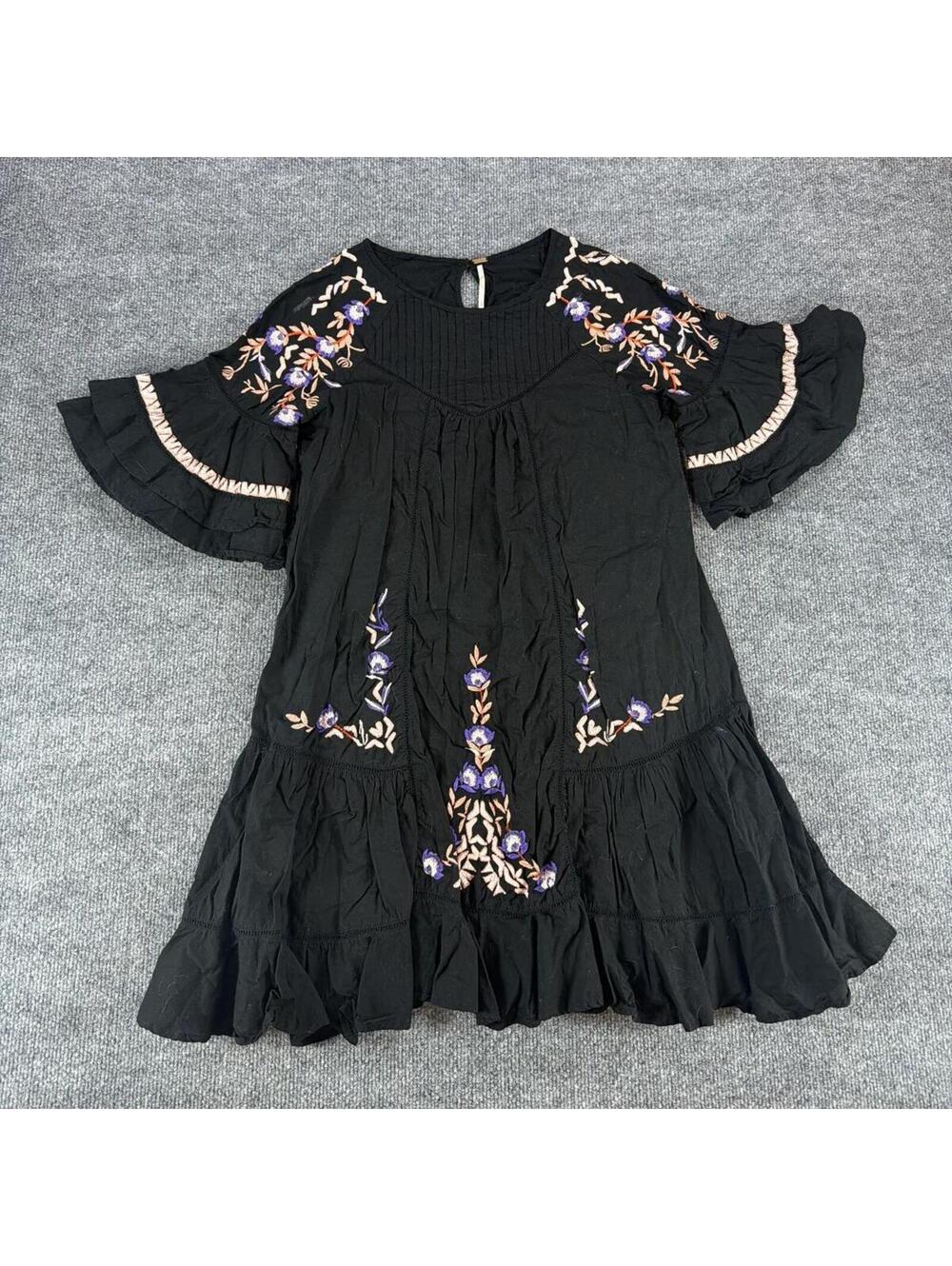 Free People Black Embroidered Floral Dress Small Flared Sleeved, Boho, Festival‎